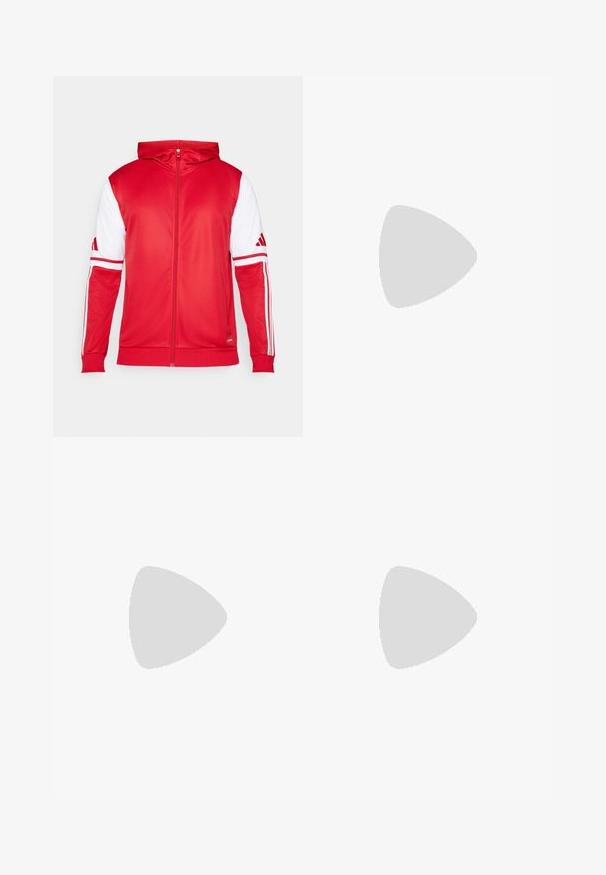 Crvena zip-up dukserica s bijelim rukavima, tri bijele pruge na svakom rukavu, glatka tekstura i kapuljača. Ima brendirani detalj na rukavu.; Bijela atletska majica kratkih rukava, napravljena od tkanine koja upija vlagu. Ima crni logo na lijevoj strani prsiju i uzorčeni unutarnji obrub dekoltea.; Crne atletske hlače s rastezljivim pojasom, bijelim bočnim trakama i malim bijelim logom na bedru. Izrađene su od glatkog, laganog materijala.; Crne atletske cipele s teksturiranim mrežastim gornjim dijelom, bijelim naglasnim trakama, podstavljenim potplatom i ojačanim petom za podršku.