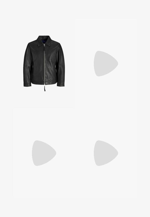 Giacca in pelle nera con chiusura a zip, colletto a punta e tasche laterali con zip. Presenta una texture liscia e un design minimalista.; T-shirt in cotone nero con maniche corte, collo rotondo e grafica frontale di un sole e una luna, accompagnata dal testo "Le Soleil et La Lune."; Pantaloni cargo neri realizzati in un tessuto resistente, dotati di molteplici tasche, chiusura con bottone e un design aderente con gambe affusolate.; Sneaker in pelle nera con punta arrotondata e suola in gomma bianca. Presenta lacci piatti e cuciture minime sulla parte superiore. Suola testurizzata per una migliore aderenza.