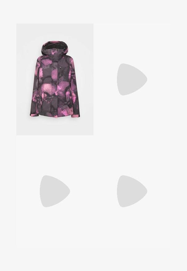 Giacca con motivo floreale in grigio scuro, con sfumature di viola. Include un cappuccio, zip frontale e due tasche laterali. Materiale leggero e testurizzato.; T-shirt nera a maniche lunghe in cotone con colletto rotondo. Presenta un piccolo logo bianco sul lato sinistro del petto. Design semplice e vestibilità comoda.; Pantaloni neri aderenti realizzati in materiale flessibile. Presentano una tasca laterale con zip, ginocchia articolate e una texture liscia.; Scarpa atletica beige e crema con tomaia in mesh testurizzato, sovrapposizioni supportive e suola in gomma con un motivo a tasselli per la trazione.
