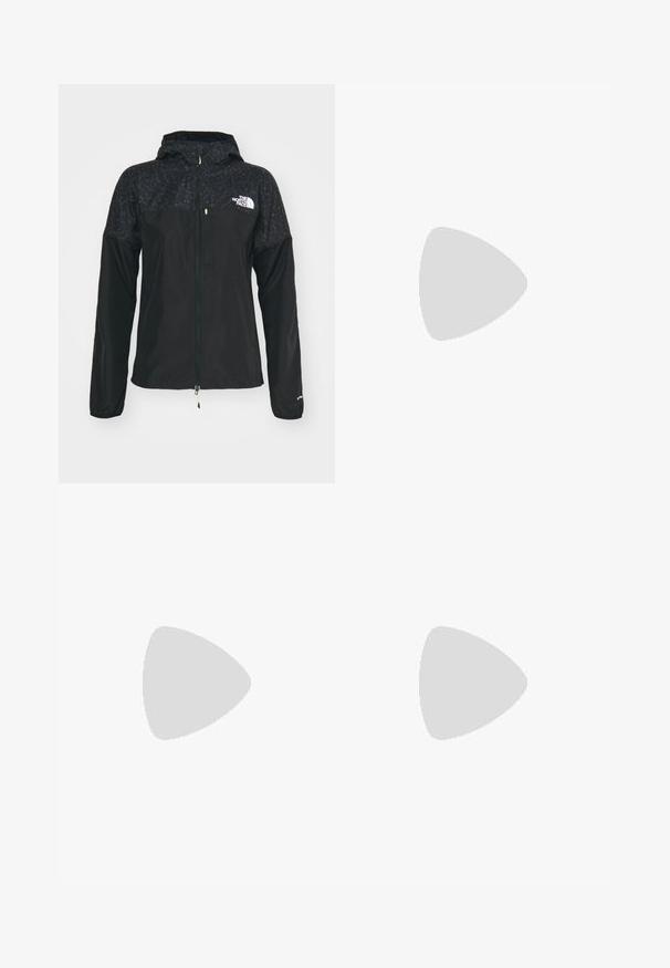 The North Face HIGHER RUN WIND JACKET - Veste de running - black; T-shirt noir à manches courtes fabriqué en tissu léger. Il présente un col rond et un petit logo "TERREX" blanc sur la poitrine.; Shorts de sport noirs en matériau lisse et extensible avec une taille haute. Présente un logo "TERREX" blanc sur le bas à droite.; Baskets de course blanches avec des accents orange. Matériau en mesh, bout arrondi et semelle intermédiaire épaisse. "TERREX" imprimé sur le côté latéral et trois bandes au niveau du talon.