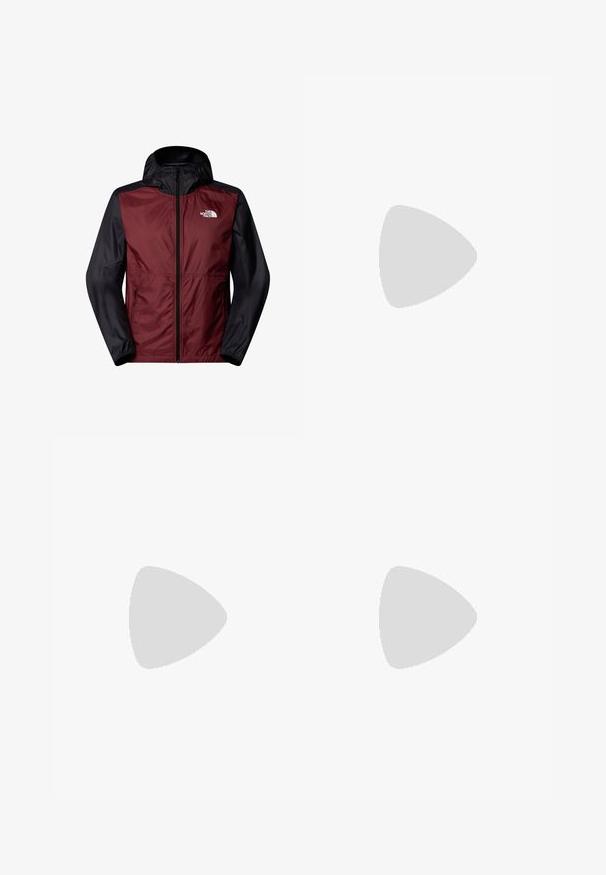 Giacca leggera rosso e nera con zip frontale, cappuccio e logo sul petto; texture liscia con polsini elasticizzati e tasche laterali.; T-shirt nera a maniche corte in cotone, con scollatura rotonda e un piccolo logo bianco nell'area superiore sinistra del petto.; Pantaloni sportivi neri realizzati in tessuto leggero, con vita regolabile con cordino, tasche laterali e orli affusolati alle caviglie.; Scarpa da trail running nera con tomaia texture, suola in gomma e punta rinforzata. Presenta un collare imbottito e un tassello per un indossamento facile.