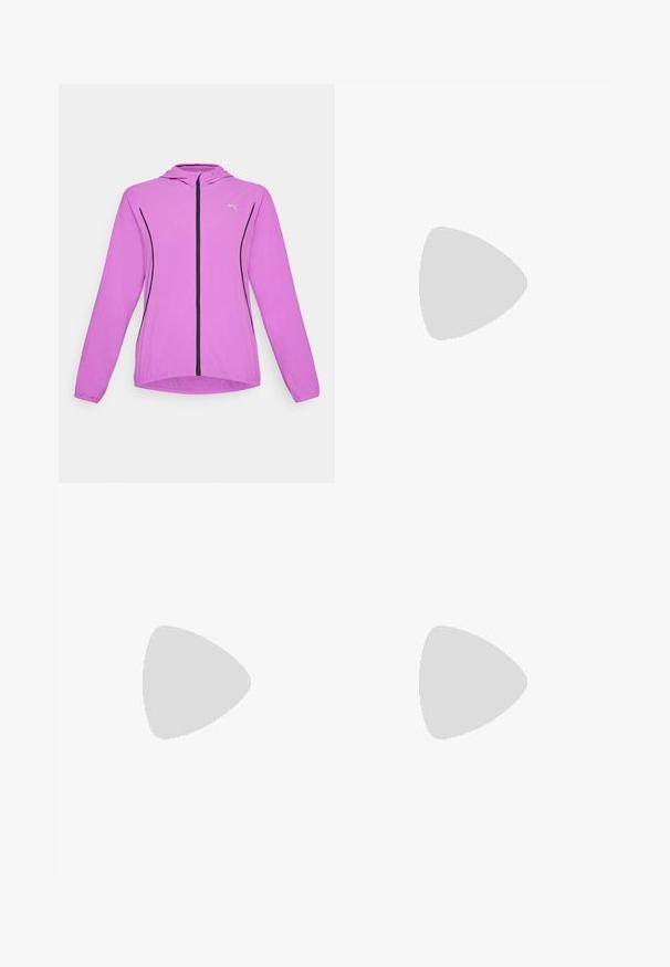 Leichte Sportjacke in leuchtendem Pink, mit Kapuze, durchgehendem Reißverschluss, schwarzen Akzenten und elastischen Bündchen für eine passgenaue Passform.; Schwarzes Kurzarm-T-Shirt aus weichem Stoff, mit rundem Halsausschnitt und einem kleinen Logodetail auf der oberen linken Seite.; Schwarze Leggings aus dehnbarem Stoff, mit hohem Bund und einem weißen Logo, das auf dem unteren linken Bein gedruckt ist. Glatte Textur.; Schwarzer Sportschuh mit strukturiertem Obermaterial, elastischen Riemen und einer dicken weißen Mittelsohle. Mit einem grauen Akzent entlang der Sohle.