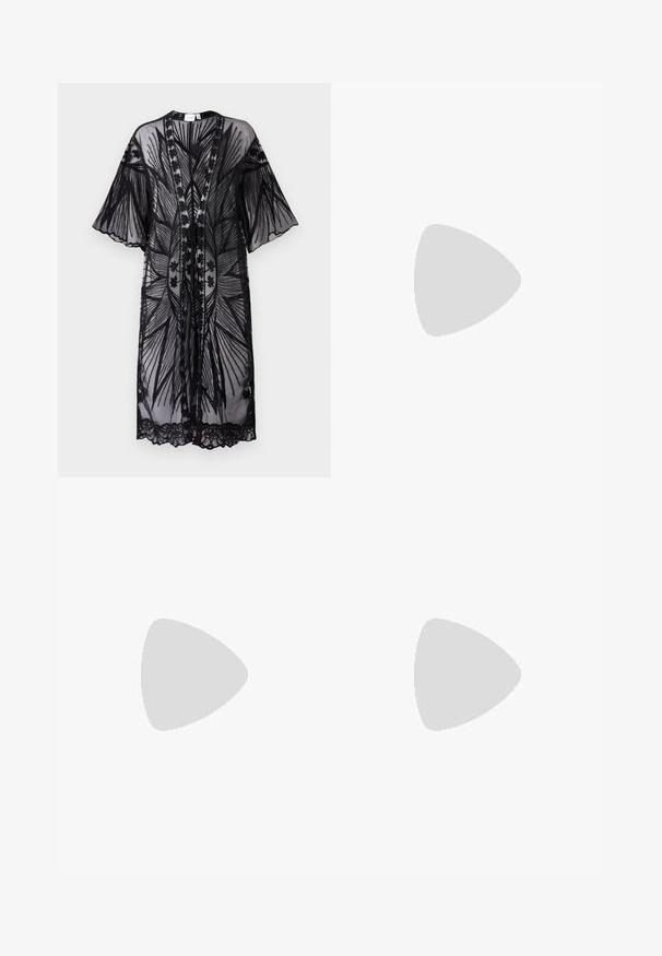 Black sheer kimono with wide sleeves, featuring intricate floral embroidery and lace trim along the hem and edges. Open front design.; Black crochet maxi dress with a fitted silhouette, featuring geometric patterns and open weaves. Adjustable straps and a straight neckline.; Pointed-toe high heel shoe with a silver, gold, and nude color scheme. Glossy finish with cutout design, featuring a stiletto heel.; Even&Odd by Zalando STRAW - Cross body bag - beige