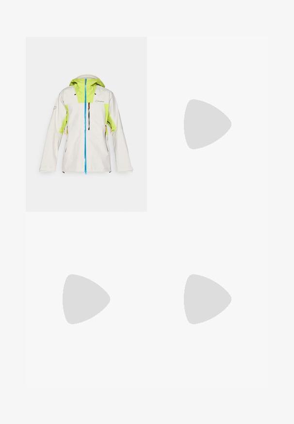 Berghaus RIDGE SEEKER - Jachetă impermeabilă - stone/spark; Tricou scurt cu mâneci, de culoare teal, realizat din bumbac moale, având un logo alb imprimat pe pieptul stâng și un design clasic cu guler rotund.; Pantaloni atletici negri, confecționați dintr-un material ușor, cu un tiv elastic la talie, buzunare laterale și tivuri ajustate la gleznă.; Pantofii de alergare pe teren în culoare verde deschis, cu un material superior texturat, accente negre și o talpă căptușită. Au un tab cu recul și un design cu modele.