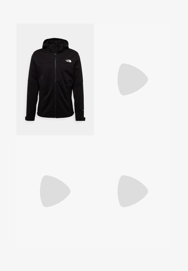 The North Face M DIABLO SOFTSHELL DETACHABLE HOOD - Veste softshell - black; T-shirt noir à manches courtes en tissu léger. Présente un petit logo blanc sur la poitrine gauche et des accents subtils aux épaules.; Pantalon de sport noir en tissu léger, avec une taille à cordon, des poches latérales et des chevilles resserrées.; Chaussure de trail running noire avec une tige texturée, semelle en caoutchouc et bout renforcé. Présente un col rembourré et une tirette pour un enfilage facile.