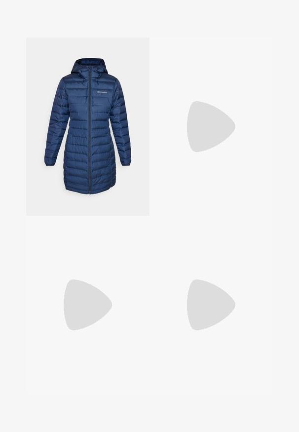 Columbia LAKE 22™ LONG HOODED JACKET - Manteau en duvet - collegiate navy; T-shirt bleu à manches courtes en tissu texturé, arborant un logo Columbia blanc sur la poitrine, col rond et coupe ajustée.; Pantalons bleu marine en tissu lisse, dotés d'une fermeture par bouton à l'avant, d'un design ajusté et de détails pliés au niveau des genoux.; Columbia PEAKFREAK - Chaussures de marche - black