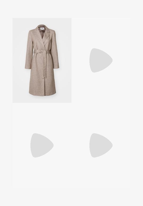 ONLY ONLNICOLE LIGHT WRAP  - Klasszikus kabát - walnut melange; Leopárdmintás ruha sima anyagból, vékony pántokkal, V-nyakkivágással és térd felett végződő kerekített aljjal.; Kávébarna velúr szárú csuklócsizma, háromrétegű frufruval. Hegyes orr és alacsony blokk sarkú. Az anyag sima textúrájú.; Teknősbéka mintás napszemüveg ovális kerettel, barna lencsékkel és vékony fekete szárakkal, amelyek finom mintázott díszítésekkel rendelkeznek.; Barna bőr hobo táska, laza fazonú és sima textúrájú. Egy modell viseli hétköznapian, nagy nyílással és lekerekített formával.