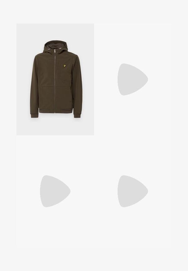 Mørkebrunt hettejakke laget av glatt stoff, med glidelås foran, sidelommer og en liten gul logo på brystet.; Hvit bomulls T-skjorte med en liten svart og gul brodert logo på venstre bryst. Korte ermer og rund hals.; Sorte bomulls joggebukser med elastisk midje, snor og ribbestrikkede mansjetter. Har en liten gul logo på venstre lår.; Hvite lær sneakers med en glatt overflate, med et klassisk snøresystem, perforeringer for pusteevne, og en teksturert gummiyttersåle.