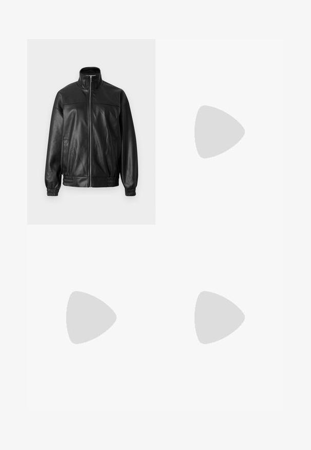 Černá kožená bomber bunda s vysokým límcem, zapínáním na přední zip, elastickými manžetami a mírně volným střihem. Obsahuje boční kapsy.; Tři crew-neck trička v černé, olivově zelené a bílé barvě. Krátké rukávy, žebrované límce a přiléhavý střih.; Šedé široké džíny vyrobené z džínoviny s hladkou texturou, s knoflíkovým a zipovým zapínáním a pěti kapsami.; Černé semišové tenisky s bílými pruhy a detaily, zaoblenou špičkou, podrážkou z gumy barvy žvýkačky, doplněné bílými žebrovanými ponožkami ke kotníkům.