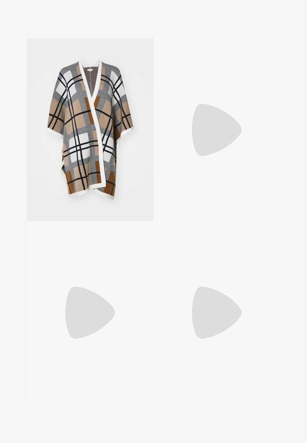Poncho patterned în nuanțe de maro, alb și negru. Prezintă modele geometrice cu guler tip șal și deschidere frontală. Textură moale.; Tricou alb scurt, cu mâneci scurte și largi, din bumbac moale, cu decolteu rotund și un finisaj subtil portocaliu, design minimalist, fără modele sau grafice.; Pantaloni din bumbac alb, cu un design drept, având talie medie și fără hardware sau modele vizibile. Textură uniformă pe întreaga suprafață.; Pantofii cu toc înalt din suede bej au vârful ascuțit și un toc gros. Materialul are o textură moale și o finisare netedă.