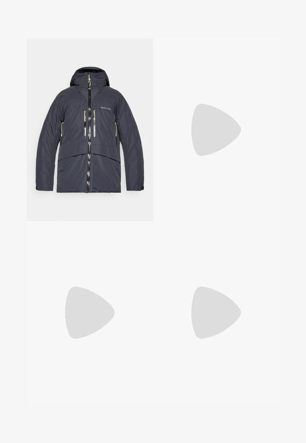 Männer isolierte Jacke in Dunkelgrau mit Kapuze, doppelten Reißverschlusstaschen und kontrastierenden gelben Akzenten an Reißverschlüssen und Kordeln.; Weißes langärmliges T-Shirt aus Baumwolle mit Rundhalsausschnitt. Verfügt über ein kleines schwarzes Logo auf der Brust. Glatte Textur, reguläre Passform.; Schwarze Sporthosen aus leichtem Stoff, mit einem Kordelzugbund, seitlichen Taschen und schmal zulaufenden Bündchen an den Knöcheln.; Schwarzer Sportschuh mit einer strukturierten, synthetischen Oberseite, gepolsterten Sohle und einem schnellen Schnürsystem. Verfügt über eine verstärkte Zehen- und Fersenkappe.