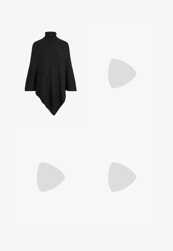 Μαύρο πλεκτό πόντσο με ψηλό ρεβέρ, σε τριγωνικό σχέδιο με μαλακή, υφή.; Άσπρη βαμβακερή μπλούζα με κοντά φουσκωτά μανίκια, διακοσμημένη με μικρές ασημένιες λεπτομέ�ρειες κατά μήκος των μανικιών. Κλασική στρογγυλή λαιμόκοψη, χαλαρή εφαρμογή.; Πλατιά παντελόνια σε σκούρο ναυτικό ύφασμα με ριχτή υφή. Διαθέτουν ένα λείο ζωνάκι και ρέουσα σιλουέτα, φτάνοντας στο μήκος του μέσου μοσχαριού.; Μαύρο δερμάτινο ψηλοτάκουνο παπούτσι με οξύ μυτερό τόξο, λουράκι στον αστράγαλο και χοντρό τακούνι. Λείος υφασματισμός, κομψός σχεδιασμός και μινιμαλιστική αισθητική.