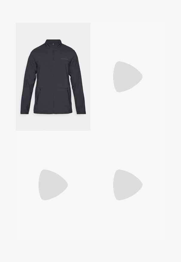 Giacca nera a maniche lunghe con colletto zippato, due tasche laterali e un logo discreto sul petto. Tessuto liscio, materiale leggero.; T-shirt in cotone nero con colletto rotondo, maniche corte e un piccolo logo di coccodrillo verde sul lato sinistro del petto. Texture liscia, design casual.; Pantaloni da tuta blu navy con vita regolabile tramite coulisse, polsini elastici, due tasche laterali e una discreta marca sulla gamba sinistra. Texture del tessuto morbida.; Scarpa da ginnastica nera con parte superiore texturizzata, tre strisce orizzontali e una suola bianca con battistrada a motivo. Design leggero e aerodinamico.