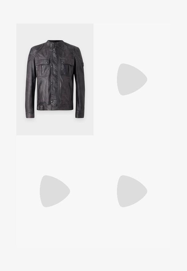 Chaqueta de cuero gris oscuro con cuello de hebilla, dos bolsillos de pecho con solapa y botones, dos bolsillos con cremallera, mangas largas y detalle de hebilla en el dobladillo.; Camisa de algodón blanca de manga larga con cuello redondo, aberturas laterales en la parte inferior y una textura suave, exhibida desde la parte de atrás.; Jeans de mezclilla azul claro con un diseño de pierna recta, cinco bolsillos, cierre de botón, ligeramente desgastados y detalles de costura en contraste.; Zapatilla blanca con parte superior de cuero liso y perfil bajo. Presenta una puntera redondeada, seis ojales y una suela de goma texturizada.