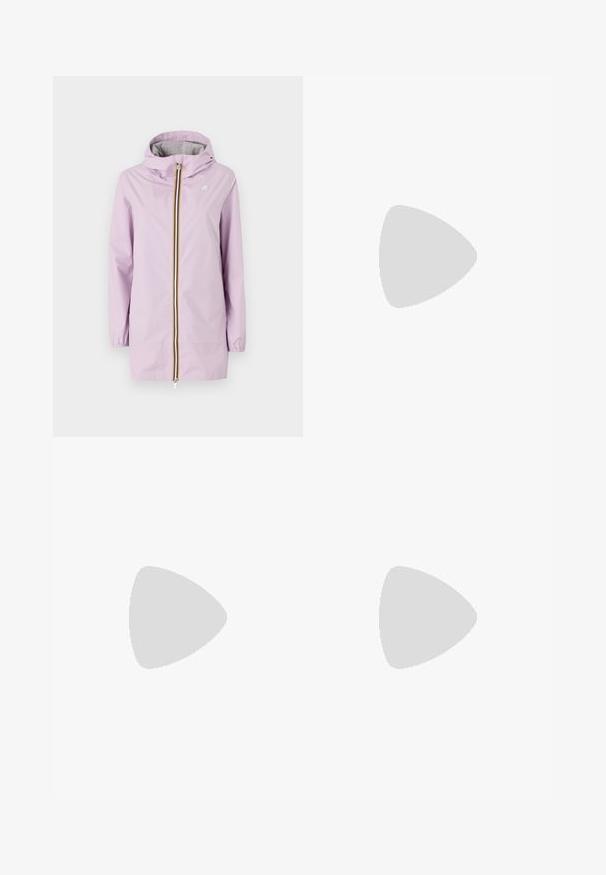 Lavender waterproof jacket with a hood, long sleeves, and a front zipper featuring a yellow and black stripe. Logo on the chest.; Black cotton t-shirt with a classic crew neck, short sleeves, and a small white embroidered "ck" logo on the chest.; White wide-leg trousers made of lightweight fabric, featuring a smooth texture, clean lines, and a high waist design.; Black leather sneaker with a smooth texture, white rubber sole, gold accents on the heel and eyelets, featuring a logo on the side.