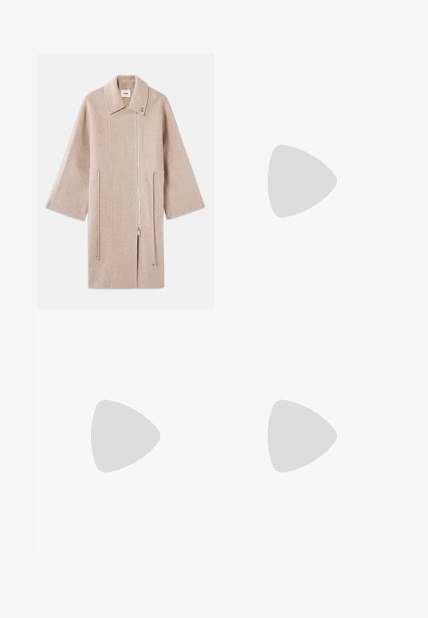 Beige wool blend coat with a high collar, front zip closure, side pockets, and wide sleeves; smooth texture and minimalistic design.; Black sleeveless top with thin straps, loose fit, and gathered hem. Made of lightweight fabric with a smooth texture.; Black wide-leg trousers made of smooth fabric, featuring a high waist, pleats, and a tailored design. Simple black hardware at the waist.; Black leather sandal with a square toe, thin straps, adjustable ankle strap, and a low heel. Features a small gold accent on the strap.