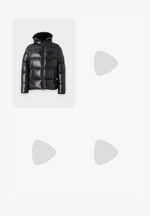 Black puffer jacket with a glossy finish, featuring a high collar, zip closure, and two side pockets; quilted design for insulation.; Long-sleeved white cotton shirt with a round neckline, side slits at the bottom, and a smooth texture, displayed from the back.; Light blue denim jeans with a straight-leg design, five pockets, button closure, minimal fading, and contrasting stitching details.; White sneaker with a smooth leather upper and a low profile. Features a rounded toe, six eyelets, and a textured rubber sole.