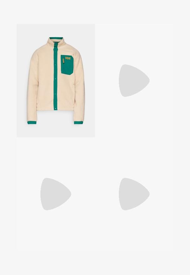 Helly Hansen PANORAMA SNAP - Flisinė striukė - oatmeal; Bežinė trumpa rankovė marškinėliai, pagaminti iš minkštos medžiagos, su apvaliu kaklu ir mažą juodą logotipą kairėje krūtinės pusėje. Paprastas dizainas.; Tamsiai mėlynos džinsinės kelnės su plačiomis kojomis, turinčios aukštą juosmenį, priekiniais kišenėmis ir kontrastinga balta siūle palei siūles.; Bežiniai drobiniai sportbačiai su šviesiai rudos odos akcentais, baltais raišteliais ir perforacijomis šonuose, su paminkštintu padu.