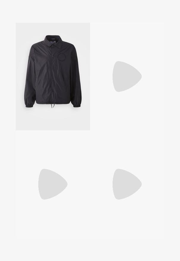 Black lightweight jacket with a button-up front, elastic cuffs, drawstring hem, and embroidered logo at chest. Smooth, slightly shiny fabric.; Black T-shirt made of smooth fabric with a crew neckline, featuring three green stripes on the shoulders and a small green logo on the chest.; Black athletic pants with an elastic waistband, featuring white side stripes and a small logo. Material appears soft and lightweight.; Black suede sneaker with yellow accents, featuring three stripes and a brown rubber sole. Includes a padded tongue for comfort.
