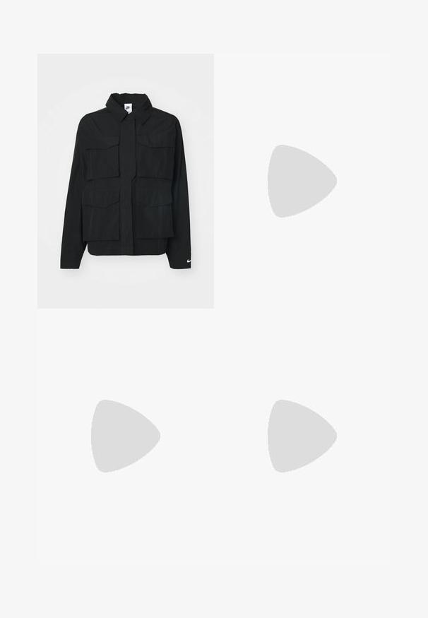 Black jacket with a collared neck, featuring two large front pockets and a Nike logo on the cuff. Constructed from a smooth, lightweight fabric.; Two sleeveless tops in black and white, made of ribbed cotton, featuring round necklines and a fitted design. Labels visible on both.; Black, lightweight pants with an elastic waistband and drawstring. Features a textured finish and a small reflective logo on the side.; Black athletic shoe with mesh upper and glossy overlays. Features curved coil cushioning and textured lines on the side. Nike logo visible.