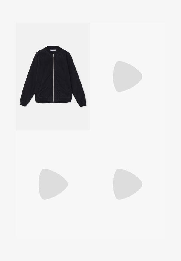 Chaqueta bomber negra hecha de tejido suave, con cierre de cremallera, puños y cuello acanalados, y dos bolsillos frontales.; Camiseta blanca de manga corta en tejido de algodón con cuello redondo. Diseño simple sin patrones ni acentos. Textura suave.; Jeans de denim azul oscuro con un diseño de pierna recta, cinco bolsillos y un cierre de botón. Presentan un ligero desgastado y detalles de costura.; Zapatillas blancas y negras con una parte superior de cuero suave, acentos texturizados y una suela blanca gruesa. Presenta un diseño clásico de cordones.