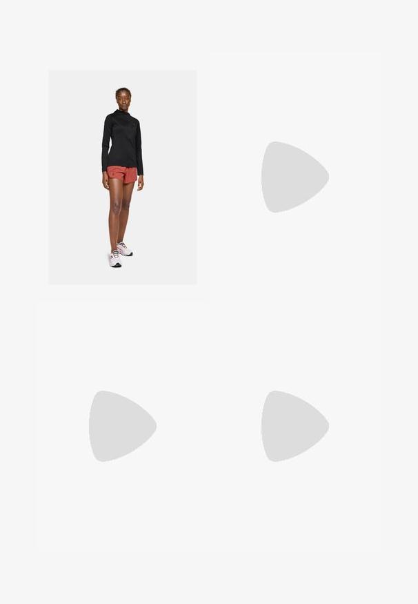Veste active à manches longues noire, shorts de sport rouges et baskets blanches avec des lacets colorés. Montre un design ajusté et aérodynamique.; T-shirt noir cropped à manches courtes, col rond, fabriqué en tissu lisse. Design minimaliste sans motifs ni accents visibles.; Pantalons de yoga évasés noirs en tissu extensible, avec une large ceinture et un petit logo près de la hanche. Texture lisse, sans motifs.; Baskets Nike P-6000 avec une tige en mesh gris clair, des accents noirs et une semelle en caoutchouc noir durable. Présente un design complexe et un système de laçage.