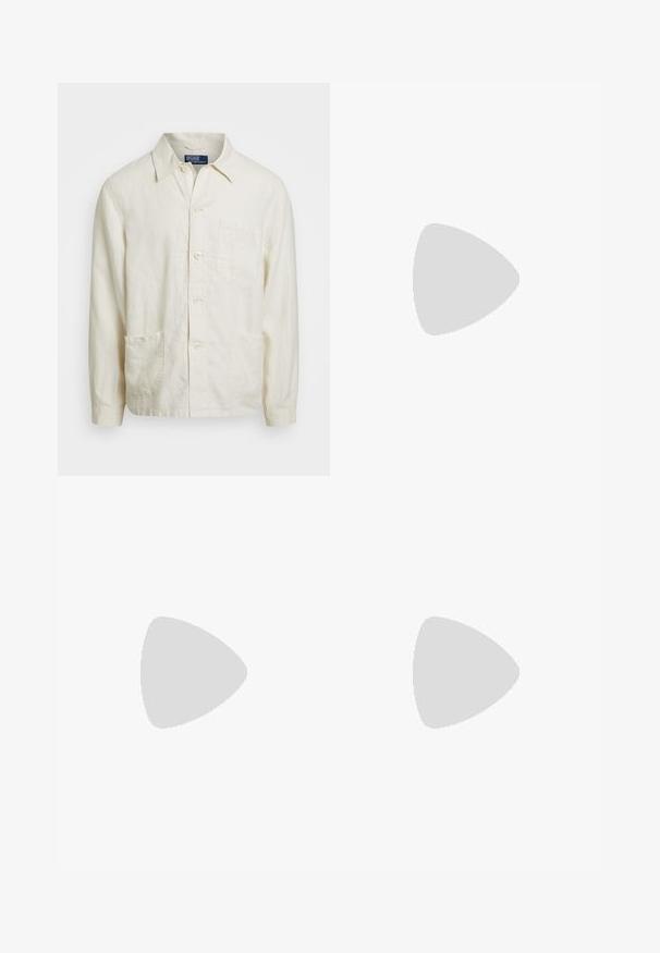 Light beige linen button-up shirt with a pointed collar, front pocket, and two lower pockets; textured fabric with a relaxed fit.; White polo shirt made of cotton, featuring a repeated blue dog pattern and a small blue logo on the chest. Short sleeves and collar.; White cotton trousers with a straight leg design, visible stains, and a button closure. Features front pockets and a waistband label.; Beige suede sneakers with a textured upper, white rubber sole, and light brown accents. Worn with light blue denim jeans.