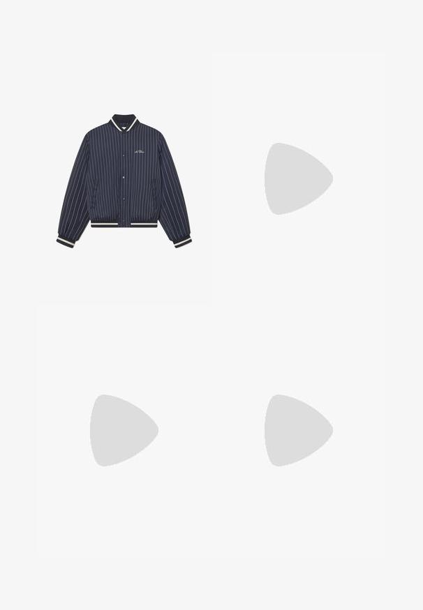 Navy blue, pinstripe bomber jacket with a ribbed collar, cuffs, and hem; features front snap buttons and side pockets.; Black ribbed short-sleeve t-shirt with a round neck, featuring a relaxed fit and textured surface. Simple design; no graphics or accents.; Black, wide-leg pants made from a lightweight fabric. Features an elastic waistband and a smooth texture. No visible patterns or hardware.; Black leather loafer with chunky treaded sole and decorative strap across the upper, shown in left side profile on white background.