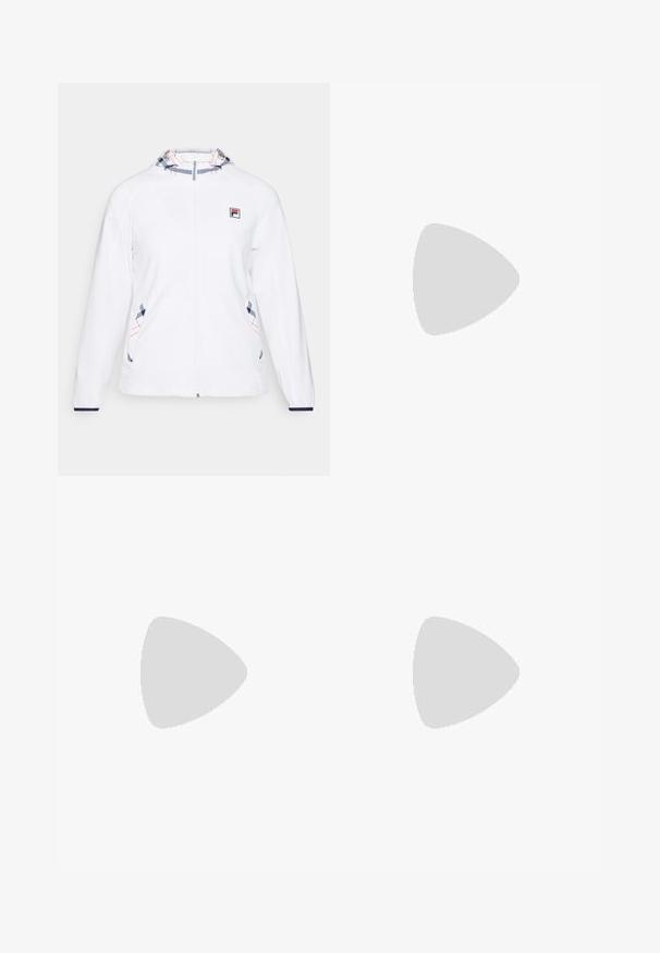 Hvit jakke med full glidelås, med et mønstrete hette i blått og rødt. Inkluderer logo på brystet og dekorative sømmer på sidene.; Mørk ribbestrikket ermeløs topp med rund hals. Glatt tekstur og en tettsittende silhuett. Har et lite logo-trykk ved kanten.; Grønn skaterkort laget av glatt stoff, med en bred midje og en utsvingt design som gir en løs passform og subtil bevegelse.; Hvite treningssko med mesh-overdel, teksturerte paneler og sølvdetaljer. Har en polstret såle og rund tådesign.
