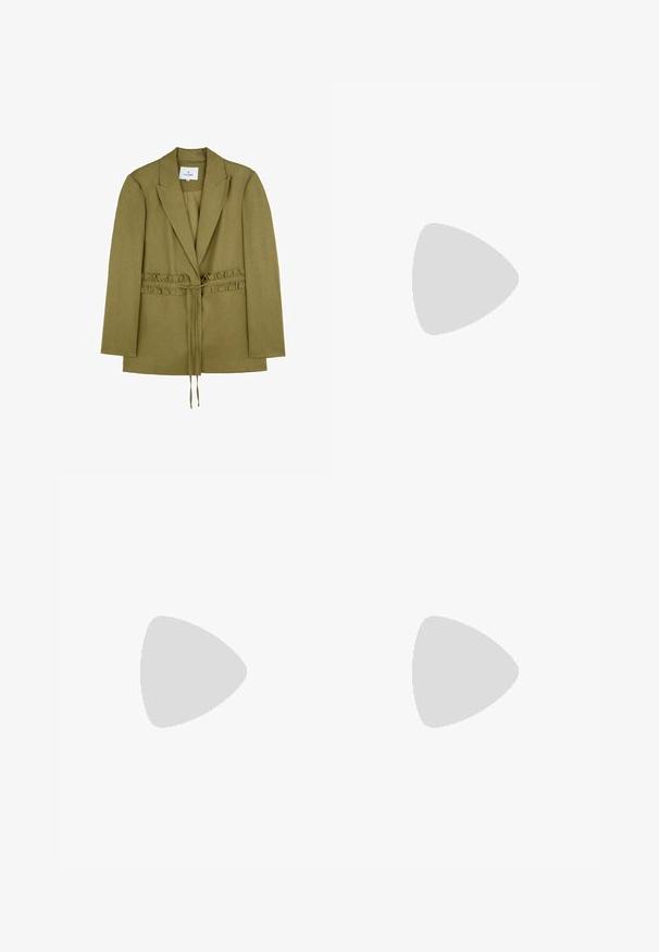 Olive green, linen blend blazer with a cinched, ruffled waist and open front. Features long sleeves and a notched collar.; White ribbed tank top with a scoop neckline and wide straps, featuring a fitted silhouette and soft texture.; Flared blue denim jeans with floral embroidery on sides, five-button closure, and five pockets. Classic denim texture with detailed stitching.; Running shoe with a mesh upper in white and gray, accented by black details and blue stripes. Thick sole with rubber traction. Lightweight design.