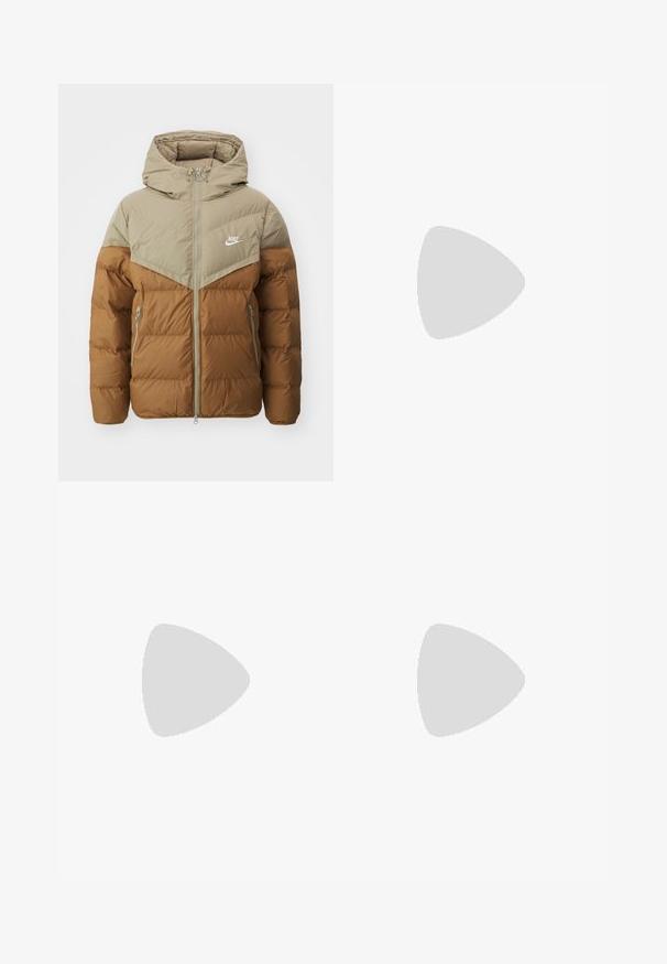 Nike Sportswear PRIMALOFT - Casaco de inverno - khaki/light british tan/sail; Três tops em algodão de alças brancas com nervuras. Apresentam um decote redondo e pequenas etiquetas pretas perto da bainha. Disponíveis em vários tamanhos.; Calças de treino cinzentas da Nike com um cós elástico ajustável, pernas ajustadas, bolsos laterais e pormenores de costura distintos. Tecido suave e texturizado.; Sapatilha atlética cinza com parte superior em malha e camurça, detalhes brancos, sola acolchoada e um design distinto com elementos refletivos.