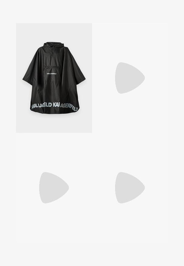 Poncho negru impermeabil cu glugă, dotat cu un buzunar frontal și cu logo-ul "KARL LAGERFELD" imprimat pe buzunar și pe tiv.; Tricou din bumbac alb cu mâneci scurte, guler rotund, cu un logo subtire embossat pe partea stângă a pieptului, textură netedă.; Pantaloni negri cu talie elastică, având un design cu picioare drepte și manșete suflecate. Realizați dintr-un material neted, țesut, fără modele.; Adidași negri cu vârf jos, din pânză cu model, cu vârf din cauciuc alb, talpă texturată și accent cu logo pe lateral. Ocheți metalici pentru șireturi.