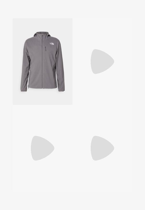 Chaqueta gris con cremallera y capucha, hecha de material ligero. Presenta una cremallera frontal y bolsillos laterales. Logotipo en la parte superior izquierda.; Camiseta negra de manga corta, hecha de algodón, con un cuello redondo y un pequeño logo blanco en la parte superior izquierda del pecho.; Pantalones deportivos negros hechos de un tejido ligero, con una cinturilla ajustable, bolsillos laterales y puños ajustados en los tobillos.; Zapatilla de trail running negra con upper texturizado, suela de goma y puntera reforzada. Presenta un collar acolchado y una lengüeta para poner y quitar fácilmente.