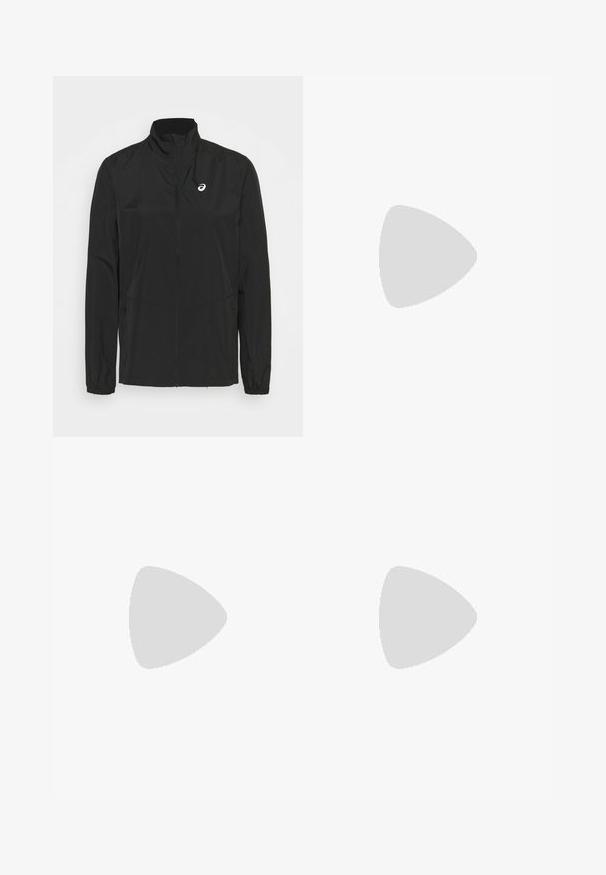 ASICS CORE JACKET - Jakna za treniranje - performance black; Crni sportski top bez rukava od laganog materijala. Ima okrugli izrez, dizajn s razrezom na leđima i mali bijeli logo sprijeda.; Crne atletske kratke hlače sa širokim pojasom, nabranim dizajnom i malim bijelim logotipom na donjoj lijevoj strani. Mekani, lagani materijal.; Crne trkačke cipele s mrežastim gornjim dijelom i bijelim naglascima. Sadrže podstavljeni srednji sloj i detalj u crvenoj boji na potplatu. Lagani dizajn.