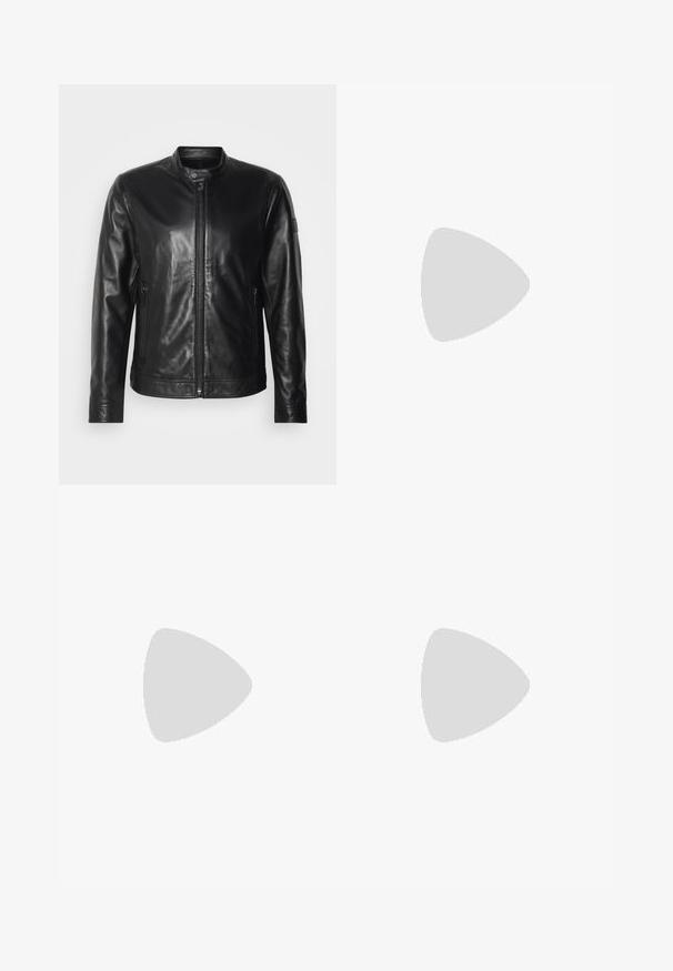 Strellson JACE - Lederjacke - black; Weiße Baumwoll-T-Shirts im Rundhalsdesign mit kurzen Ärmeln und normaler Passform. Drei T-Shirts sind in einer Reihe angeordnet.; Braune Cargo-Hosen mit zwei Seitentaschen, flachem Vorderteil und geradem Beinansatz. Hergestellt aus einem strapazierfähigen Stoff mit glatter Textur.; Schwarze Sport-Sneaker mit glänzenden und Netztexturen, ausgestattet mit einer dicken Sohle und Schnürsenkeln, kombiniert mit lässigen, olivgrünen Cargo-Hosen.; Braune Ledertasche mit zwei Fronttaschen, verstellbarem Schulterriemen, goldfarbenen Beschlägen und stabilen oberen Griffen. Glatte Textur.