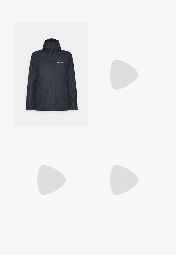 Veste noire imperméable avec fermeture éclair devant, capuche ajustable et deux poches latérales. Présente le logo Columbia sur la poitrine. Texture lisse.; Chemise à manches longues gris foncé avec un motif d'arbres rouges et de montagnes ; logo "COLUMBIA" en lettres blanches en gras. Tissu doux, col rond standard.; Pantalons bleu marine en tissu lisse, dotés d'une fermeture par bouton à l'avant, d'un design ajusté et de détails pliés au niveau des genoux.; Botte de randonnée noire au design mi-haut, avec un dessus texturé, des accents gris et une semelle en caoutchouc durable avec des crampons de traction.
