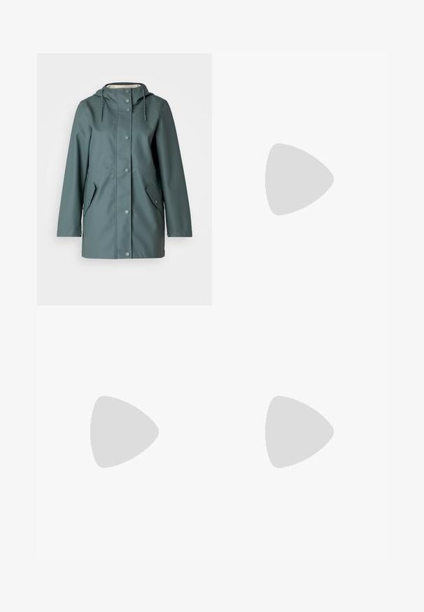 Grønn vanntett jakke med hette, trykknapper og sidelommer. Glatt tekstur og avslappet passform, designet for funksjonalitet og komfort.; Even&Odd Petite 3 PACK - Topper langermet - black/white/light green; Bredde ben denimbukser i mørkeblå, med en jevn tekstur, fem-lommen design og kontrasterende søm. Foran knapp og glidelås-lukking.; Lys myntegrønne kanvas-sneakers med gummitåhætte, hvid stjernesymbol og elfenbensfarvet gummisål. Har et klassisk snørebånd-design.