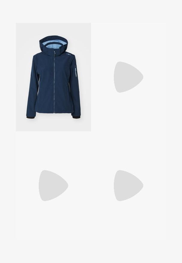 CMP ZIP HOOD - Soft shell jacket - blue sky; The North Face SIMPLE DOME CROPPED SLIM TEE - Print T-shirt - white; Navy blue pants made of smooth fabric, featuring a front button closure, slim-fit design, and creased detailing at the knees.; Black hiking boot with a mid-top design, featuring a textured upper, gray accents, and durable rubber sole with traction lugs.