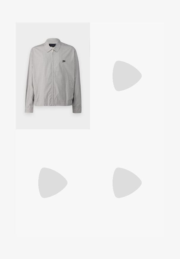 Lysegrå ternet letvægtsjakke med krave, frontlynlås og sidelommer. Har et lille broderet logo på brystet.; Hvid bomulds t-shirt med rund halsudskæring og korte ærmer, prydet med et gold EA7 Emporio Armani logo trykt på forsiden.; Sorte atletiske shorts lavet af blødt stof, med en elastisk talje og et lille gult EA7-logo nederst på venstre ben.; Hvide lædersneakers med en glat overflade, rund tå, flade snørebånd og en tekstureret sål. Har et diskret logo på hælen.