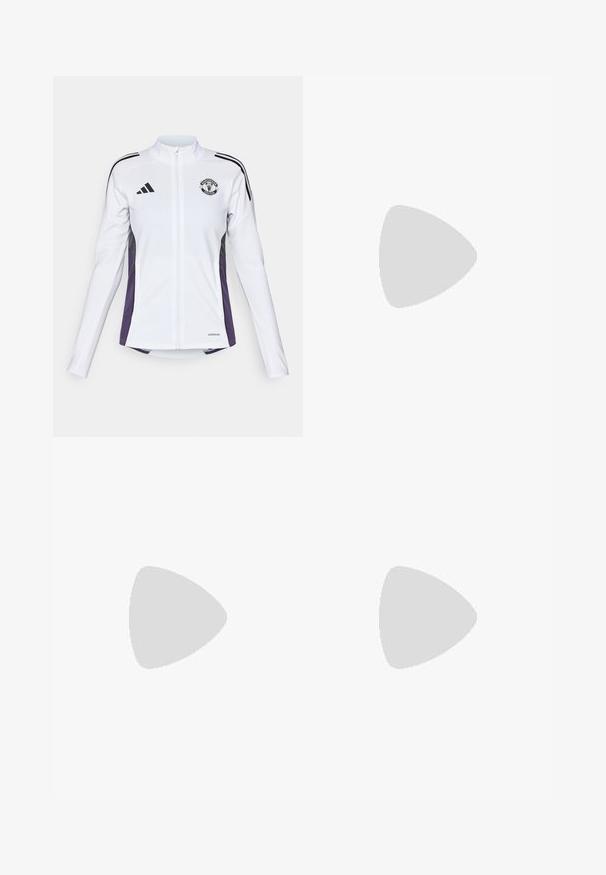 Biała kurtka zapinana na zamek błyskawiczny z długimi rękawami, z czarnymi i fioletowymi akcentami po bokach, z logo na piersi oraz trzema czarnymi paskami na ramionach.; Biała sportowa koszulka z krótkim rękawem, wykonana z gładkiego, elastycznego materiału. Posiada małe czarne logo Adidas na piersi.; Granatowe szorty sportowe o obcisłym kroju, wykonane z gładkiego materiału, z białymi pasami po bokach i logo w dolnej lewej części.; Białe buty do biegania z jasnoniebieskimi akcentami, przewiewna górna część z siateczki, trzy paski w designie, wyściełana podeszwa oraz teksturowana podeszwa zapewniająca przyczepność.