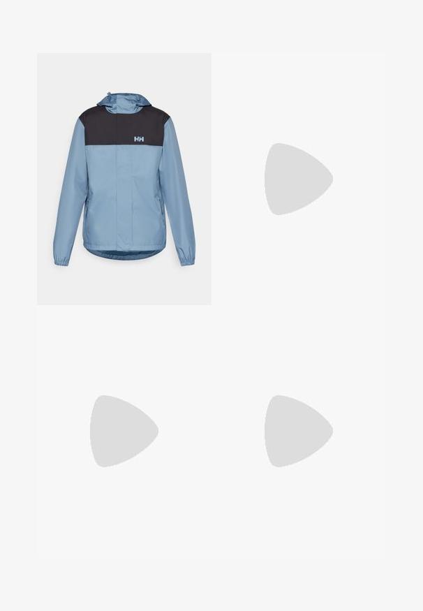 Light blue jacket with a black upper section, hood, elastic cuffs, and a logo. Made of lightweight material with a smooth texture.; Beige cotton t-shirt with short sleeves, crew neck, and a small black logo on the left chest area. Smooth texture, casual design.; Navy cargo pants in durable fabric, featuring a button closure, five pockets, and tapered legs with slight texture.; Black outdoor shoes with mesh and synthetic material, featuring a textured upper, secured lacing system, and a rugged outsole, on rocky terrain.
