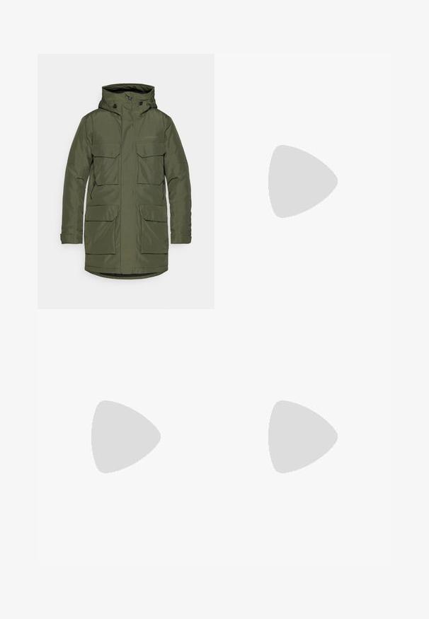 Grön, isolerad parka-jacka med huva. Fyra fickor med lock på framsidan, justerbara ärmmuddar och rak skärning.; Svart kortärmad T-shirt i lättviktig tyg. Har en liten vit logotyp på vänster bröst och subtila axeltoner.; Svarta träningsbyxor tillverkade av lättviktsmaterial, med dragsko i midjan, sidofickor och avsmalnande muddar vid anklarna.; Svart löparskor med syntetiskt övre, texturerad design och kontrasterande röda accenter. Har ett säkert snörningssystem och en robust sula.