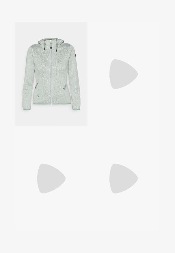 Giacca con cappuccio di colore verde chiaro con motivo geometrico, chiusura a zip frontale e due tasche laterali. Presenta cordini regolabili e tessuto testurizzato.; Mammut AENERGY FL - Top - black; Pantaloni outdoor neri con taglio dritto, dotati di chiusura con bottone, tasche laterali con zip e una patch con logo sulla coscia sinistra.; Scarpe da corsa beige chiaro con tomaia in rete, linguetta imbottita e suola testurizzata. Presenta il marchio "HOKA" sul lato. Design della punta arrotondata.