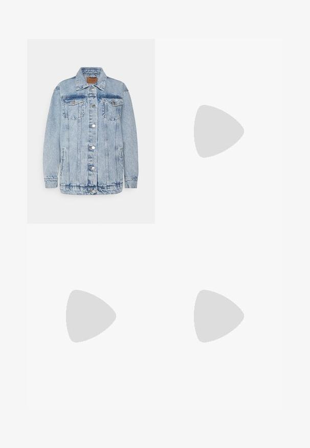 Helehall sinine denim-jakk, millel on nupuga esipool, kaks rinna-taskut ja küljetaskud. Omab klassikalist kraede ja õmblustega detaile.; Must mustriba top musta servadega äärega. Omab peeneid rihmu ja istuvat disaini. Valmistatud venivast kangast.; Mustast, rikutud pliiatsiseelik sidumisdetailiga ja küljes lahtise lõhenemisega. Valmistatud venivast kangast, millel on sile tekstuur ja keha lähedane lõige.; Mustad must kõrged kontsad, terava ninaga, tekstuurse pinnaga ning erksa roosa sisemusega. Omab paksu kontsa koos hõbedase aktsendiga.