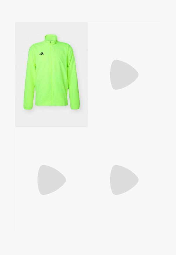 Neon groene sportjack, lichte stof, volledige ritssluiting aan de voorkant, hoge kraag, lange mouwen, perforaties onder de armen, met zwart logo op de borst.; Langarm sportshirt van zwart stof, met reflecterende zilveren accenten op de schouders en mouwen, ronde halslijn met een lichte textuur.; Zwarte sportshorts met een aansluitend ontwerp, gemaakt van rekbaar materiaal. Voorzien van drie zakken en een wit Adidas-logo op het onderbeen.; Zwarte sportieve schoen met een witte drie-streep ontwerp, gladde textuur en ADIZERO-label, wordt veters gestrikt door een hand met ringen.