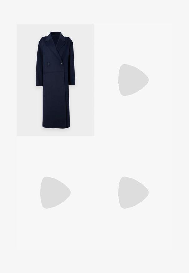 Navy wool blend coat with a double-breasted front, notched collar, and long sleeves. Features two black buttons and a mid-length design.; Black cotton t-shirt with a crew neckline, short sleeves, and an embroidered logo on the chest. Simple, relaxed fit with no patterns.; Black wide-leg trousers with pleats, belt loops, and side pockets. Smooth fabric with a tailored finish. No visible hardware or patterns.; Black leather slingback heels with a pointed toe, featuring a slim heel and a gold-tone accent on the adjustable strap. Smooth texture.; Black leather handbag featuring a structured design, dual top handles, gold-tone buckle accent, and embossed brand logo at the front.