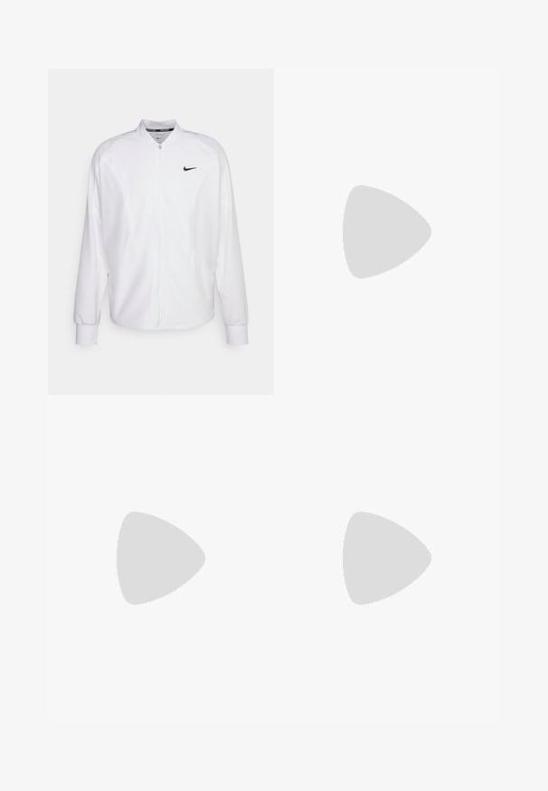 Hvid zip-up atletisk jakke lavet af glat stof. Har en stående krave, lange ærmer og et lille sort Nike-logo på brystet.; Marineblå polo skjorte lavet af glat stof, med en tre-knap lukning, korte ærmer og et lille hvidt Nike-logo på brystet.; Sorte atletiske shorts lavet af letvægtsstof, med elastisk talje og et lille hvidt Nike-logo nederst til venstre.; Sorte athletic sko med en tekstureret overdel, hvidt swoosh-logo, polstret hæl og en kontrasterende hvid sål med et zigzagmønster.