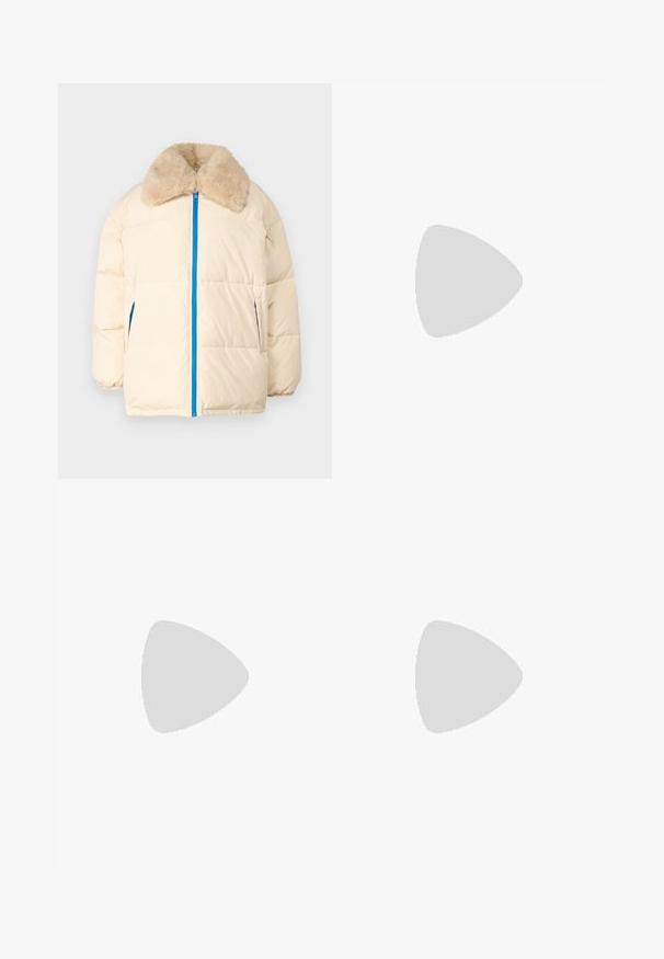 Cream puffer jacket with a faux fur collar, blue zipper, and side pockets. Features a quilted design and relaxed silhouette.; Black cotton t-shirt with short sleeves featuring a pink graphic of sunglasses and text "Not Your Girl" on the left chest area.; Black wide-leg trousers made from cotton, featuring a high waist, large side pockets, and a belted waist with silver hardware accents.; Black leather ankle boot with elastic side panels, rounded toe, and thick rubber platform sole featuring a jagged edge and pull tabs.