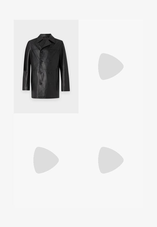 Black leather coat with a double-breasted design, wide collar, front buttons, and long sleeves; smooth texture with a fitted silhouette.; White long-sleeve thermal top with a ribbed texture, crew neck, and banded cuffs. Clean design with no patterns or additional accents.; Black leather pants featuring a slim fit, straight legs, and a front zip closure with two front pockets and a smooth, glossy finish.; Black leather loafers with a smooth texture, rounded toe, and a decorative strap across the vamp. Low stacked heel, minimalist design.