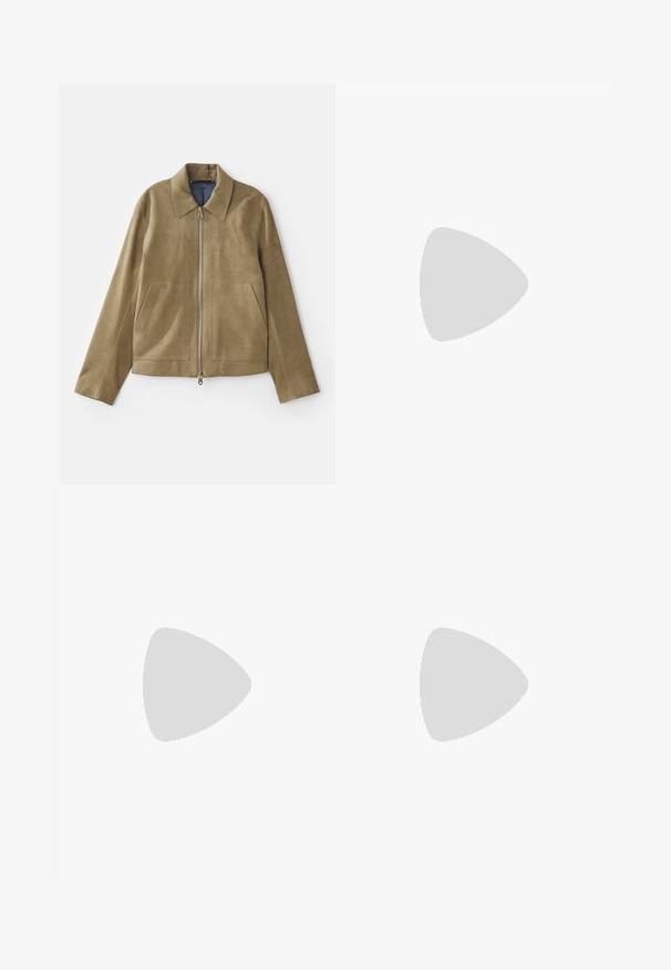 Tan suede jacket with a front zip closure, large pockets, pointed collar, and contrasting navy lining. Smooth texture, tailored design.; Light beige long-sleeve sweater with a round neckline, made from soft fabric, featuring a relaxed fit and subtle texture. No patterns or accents.; Filippa K WIDE TROUSERS - Trousers - driftwood; Tan suede sneaker with a low profile, round toe, and lace-up front. Cream rubber sole with subtle texture and minimal detailing.